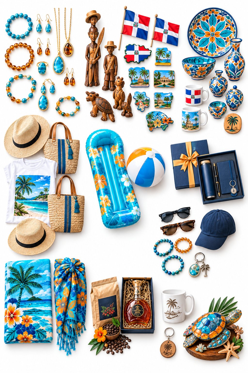 Fotografía compuesta con una selección de los productos del catálogo de Rijo Suplidora: joyería en Larimar y Ámbar, artesanías talladas en madera, souvenirs culturales con la bandera dominicana, cerámica decorativa, sombreros de paja y ropa, inflables de playa, cajas de regalos corporativos, accesorios, textiles, café y ron empacados, y artículos personalizados
